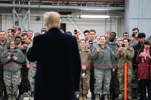 President Donald Trump addresses military personnel during a stop-over at Ramstein Air Force Base in Germany, Dec. 26, 2018. President Donald Trump addresses military personnel during a stop-over at Ramstein Air Force Base in Germany, Dec. 26, 2018.