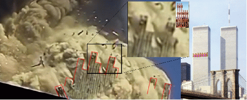 Figure 1: Eight or more contiguous perimeter column sections are seen propelled (left) from their initial location near the 80th floor (right). At this point, they have traveled over 200 feet from the South Tower wall., From Uploaded