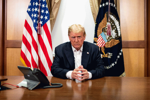 President Donald Trump on Oct. 4, 2020, in his conference room at Walter Reed National Military Medical Center., From Uploaded