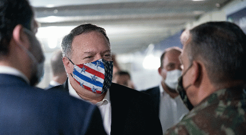 Secretary of State Michael Pompeo during a visit to a Venezuelan migrant and refugee reception center in Boa Vista, Brazil, Sept. 18, 2020., From Uploaded