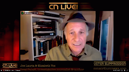 A screenshot of Greg Palast speaking on the CN Live! episode banned by YouTube., From Uploaded