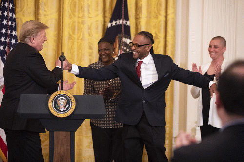 President Donald Trump congratulates former inmates who have benefited from prison reform legislation, April 1, 2019., From Uploaded