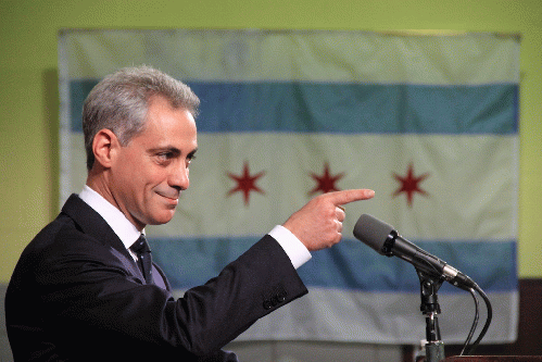 Rahm Emanuel, Pointing, With Chicago Flag in Background Rahm Emanuel, Pointing, With Chicago Flag in Background