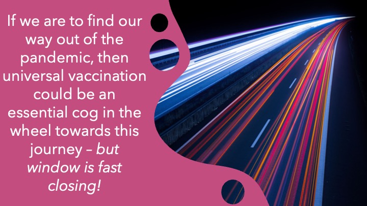 Vaccinating all eligible people worldwide is key if we are to take the best shot of ending pandemic via vaccination Vaccinating all eligible people worldwide is key if we are to take the best shot of ending pandemic via vaccination