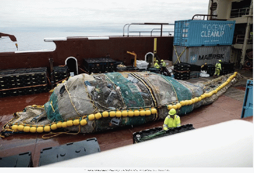 Plastic waste hauled aboard in the latest test of OCP's trash-hauling system