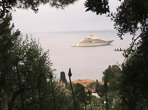 Old money v New - oligarch yacht seen from the Rothschild villa on Cap Ferrat 2018 Old money v New - oligarch yacht seen from the Rothschild villa on Cap Ferrat 2018