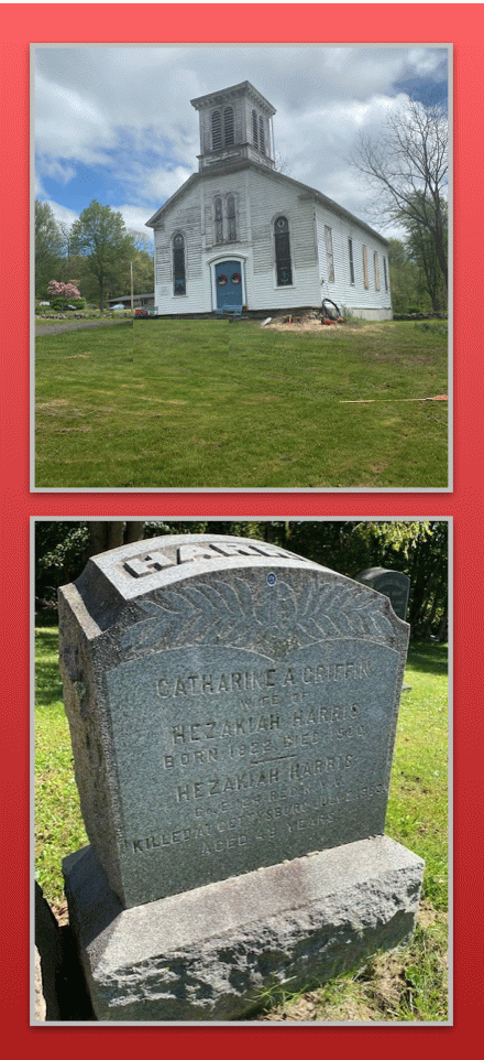 Top: Two-century old Rossville, NY church in partial restoration, Bottom: restored Harris gravestone