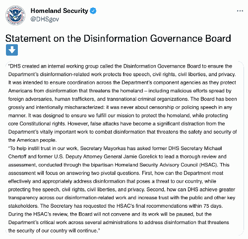 Statement on the Disinformation Governance Board