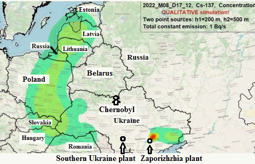 Figure 2: One Estimate for Radiation Exposures in Europe, Following Explosions at Zaporizhzhia Ukraine
