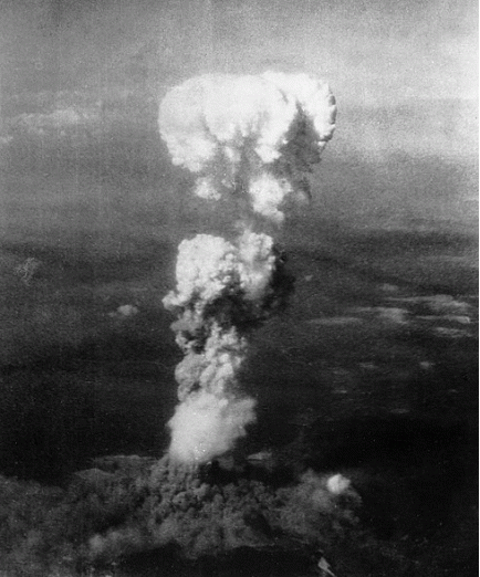 Figure 1: Hiroshima 15 kiloton explosion, August 6, 1945 - An airburst explosion fired a double cloud into the sky. The first cloud fires upward from the initial blast (580 meters, 1,870 feet). The second cloud formed as the blast blew out, back, and up., From Uploaded