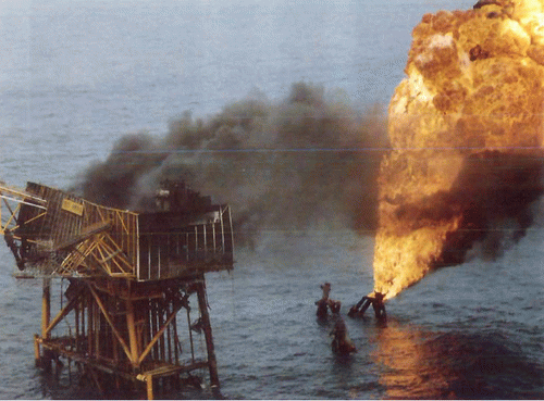 Figure 5: Piper Alpha oil rig fire damages after explosions - Most of the oil rig sunk into the North Sea. Figure 5: Piper Alpha oil rig fire damages after explosions - Most of the oil rig sunk into the North Sea.