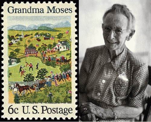 Primitive painter, Grandma Moses, and a postage stamp featuring her art