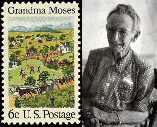 Primitive painter, Grandma Moses, and a postage stamp featuring her art Primitive painter, Grandma Moses, and a postage stamp featuring her art