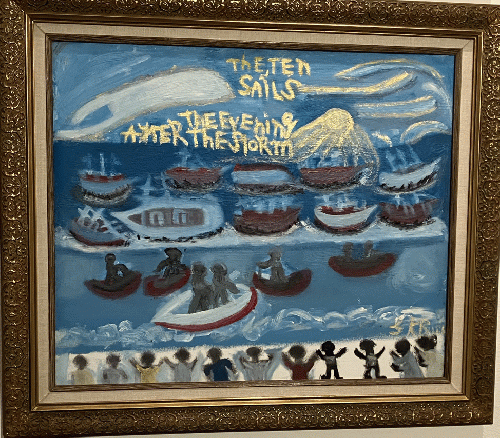 The Ten Sails,  by Miss Lassie. c 1990.  Mixed media on canvas  Col. of the Cayman National  Cultural Foundation