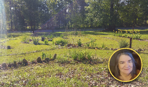 M. E. 'Beth' Langley and the 3-circuit labyrinth she made in her front yard. M. E. 'Beth' Langley and the 3-circuit labyrinth she made in her front yard.