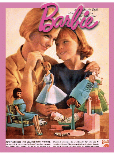 Vintage mother and daughter with Barbie dolls.