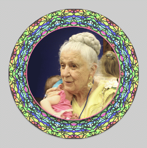 Dr. Gladys gets a kiss from the author's granddaughter, Myla, 2012. Circular border drawn by Myla, 2023. Dr. Gladys gets a kiss from the author's granddaughter, Myla, 2012. Circular border drawn by Myla, 2023.