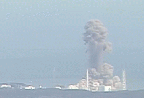 A Fukushim explosion due to a nuclear reactor meltdown.
