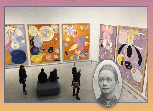 Hilma af Klint: exhibition view at Guggenheim with inset photo of af Klint. Hilma af Klint: exhibition view at Guggenheim with inset photo of af Klint.