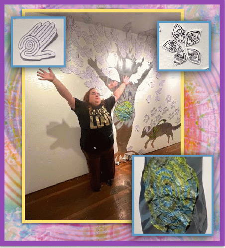 Maia Scott with her self portrait, 'Maia Gaia.'  Details, clockwise from top left: hand labyrinth, flower-eye labyrinths, womb labyrinth made from handmade paper and paint.