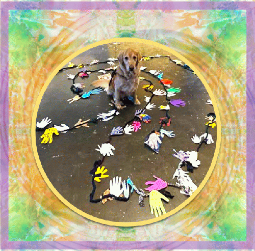 Guide dog extraordinare, Gleam, in the three circuit labyrinth made from handprints.