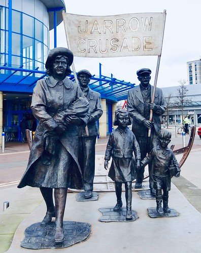 The Jarrow March of 5--31 October 1936, also known as the Jarrow Crusade, was an organised protest against the unemployment and poverty suffered in the English town of Jarrow during the 1930s., From FlickrPhotos